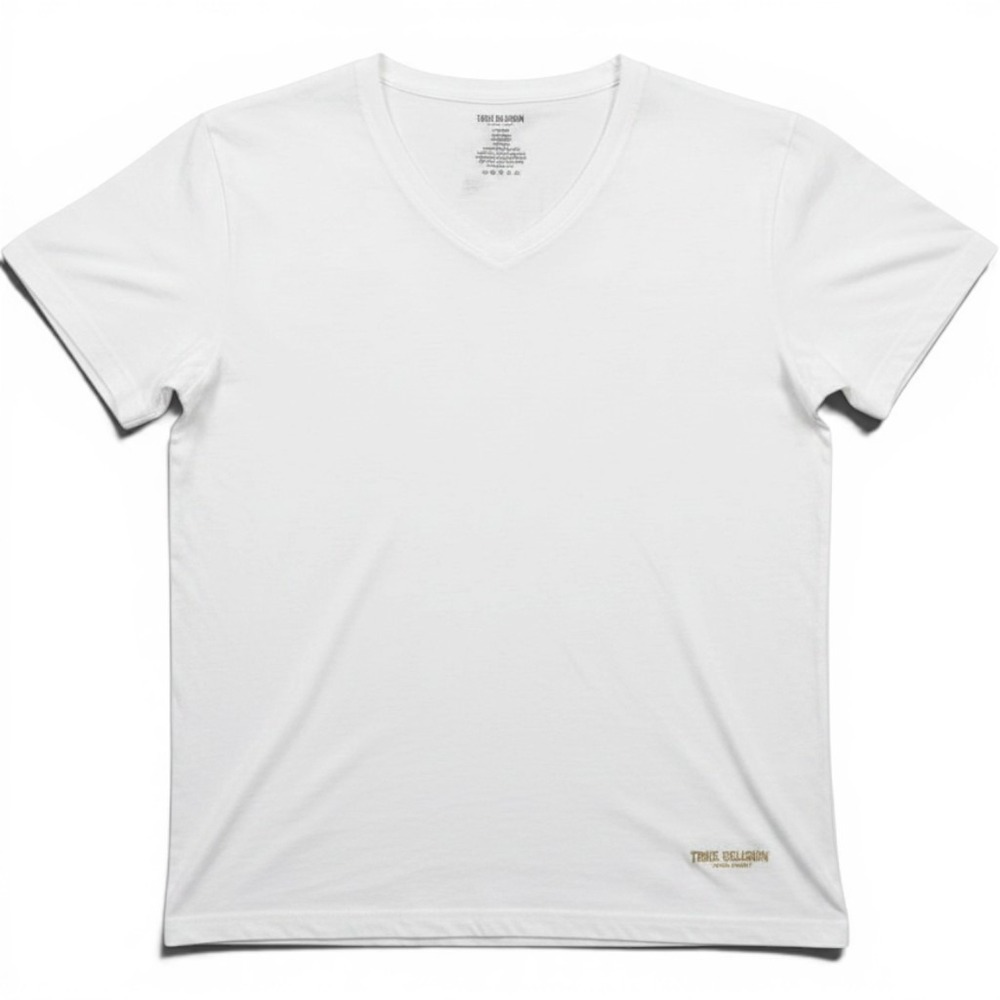 True Religion Mens V-Neck T-Shirt Large White Gold Foil Logo Cotton Tee